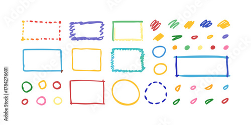 Hand drawn doodle frames and design elements colorful sketch borders, circles, squares, rectangles, and drops for notes, banners, and decorations