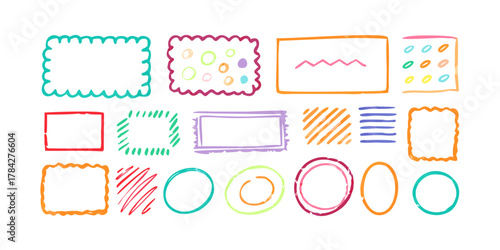 Hand drawn doodle frames and design elements colorful sketch borders, circles, squares, rectangles, and lines for notes, banners, and decorations