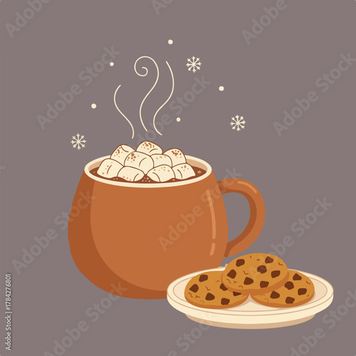 A mug of hot chocolate with marshmallows and three cookies sits on a plate, set against a grayish brown background with snowflakes and swirls.