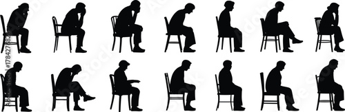 Silhouettes of person seated in slouched postures—hunched, leaning, curled—for ergonomics, fatigue, emotion, and illustration design use