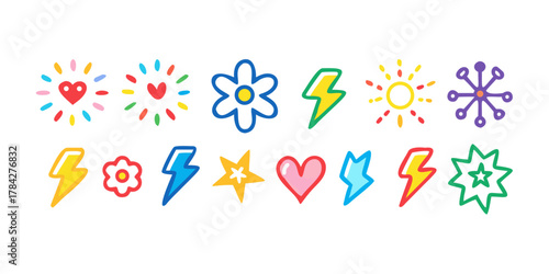 A colorful collection of handdrawn doodle icons, including hearts, flowers, lightning bolts, stars, and suns, perfect for adding a fun touch