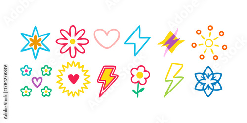 Collection of vibrant doodle icons, featuring stars, flowers, hearts, and lightning bolts, ideal for adding a whimsical touch