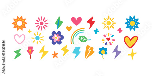A vibrant assortment of handdrawn doodle icons featuring hearts, flowers, lightning bolts, stars, suns, and rainbows, great for adding flair