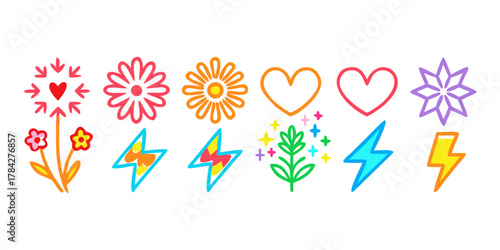 Collection of colorful doodle icons, including hearts, flowers, stars, lightning bolts, and plants, perfect for adding a playful touch