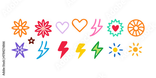 Collection of colorful doodle icons, including stars, flowers, hearts, and lightning bolts, perfect for adding a playful touch