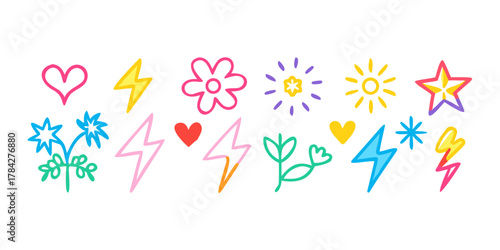 A playful assortment of handdrawn doodles featuring hearts, lightning bolts, flowers, and suns, creating a whimsical and cheerful design