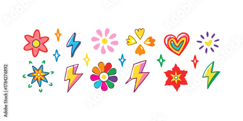 A vibrant assortment of whimsical doodles, featuring flowers, hearts, stars, and lightning bolts, all rendered in a playful, handdrawn style