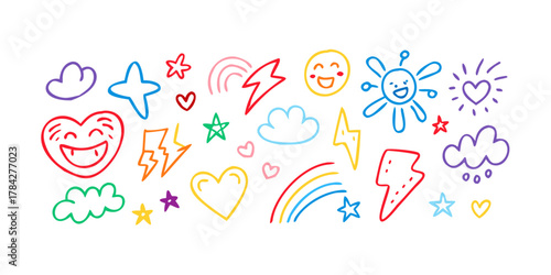 A cheerful assortment of handdrawn doodles featuring rainbows, hearts, stars, clouds, lightning bolts, and smiling suns, a whimsical and playful design