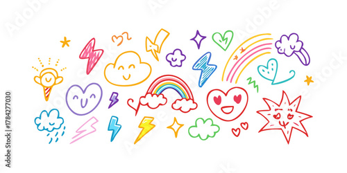 A vibrant array of handdrawn doodles featuring rainbows, hearts, stars, clouds, lightning bolts, and smiling suns, a whimsical and delightful design