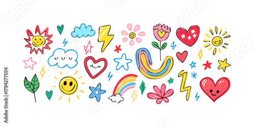 Hand drawn doodle set cute cartoon elements with sun, rainbow, cloud, heart, star, flower, leaf vector illustration for kids design