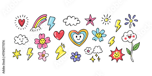 A delightful assortment of handdrawn doodles featuring whimsical hearts, vibrant rainbows, playful clouds, radiant stars, and cheerful suns
