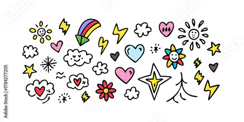 A vibrant compilation of handdrawn doodles featuring hearts, stars, clouds, lightning bolts, suns, and rainbows a playful and colorful illustration