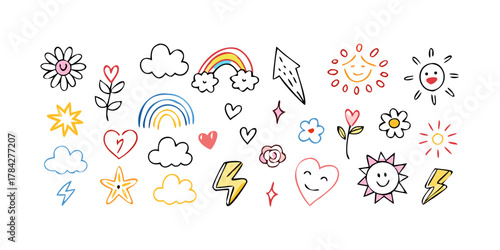 A whimsical collection of handdrawn doodles, featuring stars, hearts, flowers, clouds, rainbows, suns, and lightning bolts in a playful style