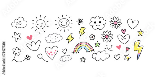 A charming selection of handdrawn doodles, featuring stars, hearts, flowers, clouds, rainbows, suns, and lightning bolts in a playful style