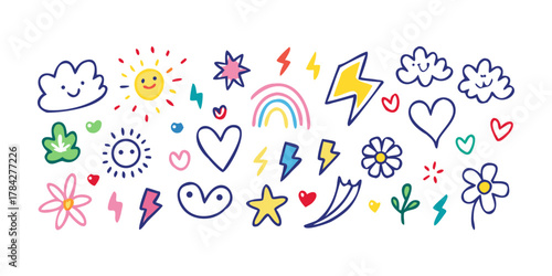 A delightful collection of handdrawn doodles featuring whimsical clouds, radiant suns, twinkling stars, vibrant lightning bolts, and charming hearts