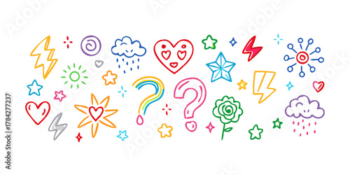 A playful assortment of colorful, handdrawn doodles including lightning bolts, stars, hearts, clouds, rainbows, question marks and flowers