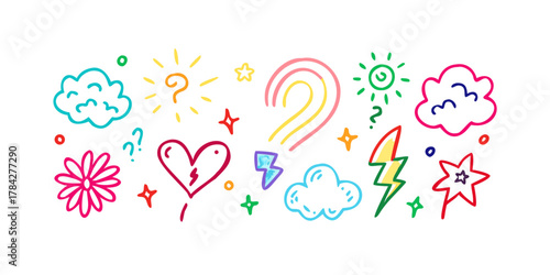 Fototapet A playful assortment of handdrawn elements, including hearts, stars, clouds, flo