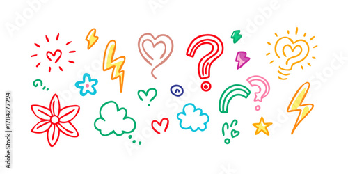 A whimsical collection of handdrawn doodles, featuring hearts, stars, clouds, flowers, lightning bolts, and question marks in vibrant colors
