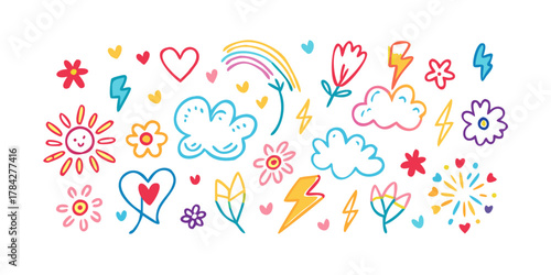 Handdrawn doodle set featuring hearts, flowers, clouds, rainbows, suns, and lightning bolts, creating a playful and vibrant design