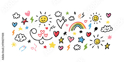 Hand drawn doodle set with hearts, stars, clouds, suns, rainbows, and lightning bolts cute and whimsical vector illustration