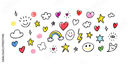 A whimsical collection of handdrawn doodles featuring hearts, stars, clouds, rainbows, and smiley faces, , creating a playful and cheerful design
