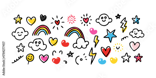A delightful mix of handdrawn doodles featuring stars, hearts, clouds, rainbows, and lightning bolts, , resulting in a charming and dynamic design