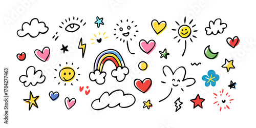 Tableau sur toile A vibrant assortment of handdrawn doodles, including hearts, stars, clouds, rain