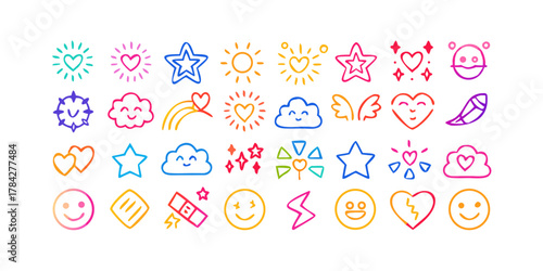 Collection of handdrawn colorful doodle icons, including hearts, stars, suns, clouds, rainbows, and smiley faces perfect for adding a playful touch