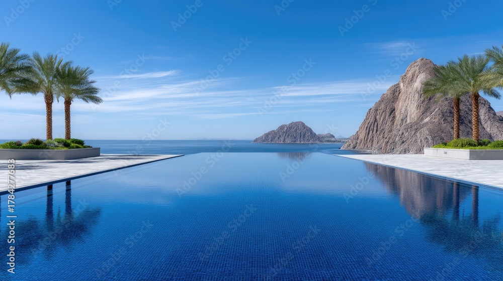 Fototapeta premium High Angle Photo Of An Infinity Edge Pool With Blue Water And Palm Trees Overlooking The Ocean With Rocky Islands In The Distance Under A Clear Blue Sky
