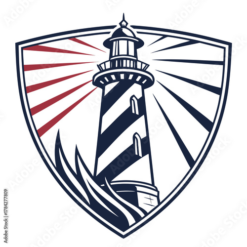 Lighthouse Emblem with Rays and Waves on White Background beacon ocean