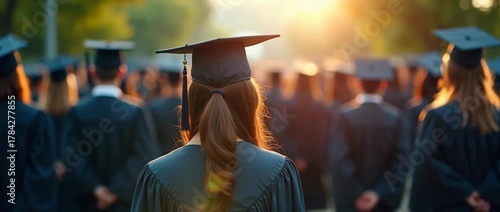 Graduates walk in unison toward a glowing sunset, their robes flowing in the breeze; the camera gently pans, capturing the cinematic ambiance of this milestone celebration.