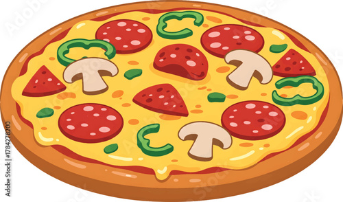 Vector Illustration Delicious Cartoon Pizza with Pepperoni, Mushrooms, and Bell Peppers