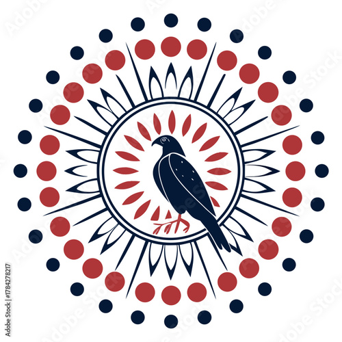 Bird Perched in Circular Mandala Design with Red and Blue Dots falcon hawk