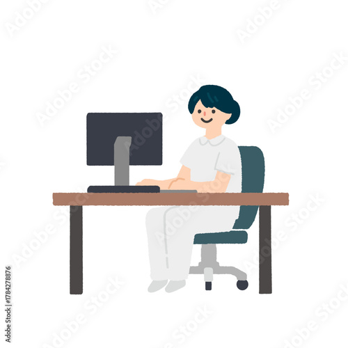 パソコンを操作している女性看護師のイラスト