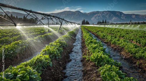 A verdant field of crops being irrigated by a sprinkler system under a clear blue sky, with mountains in the distance