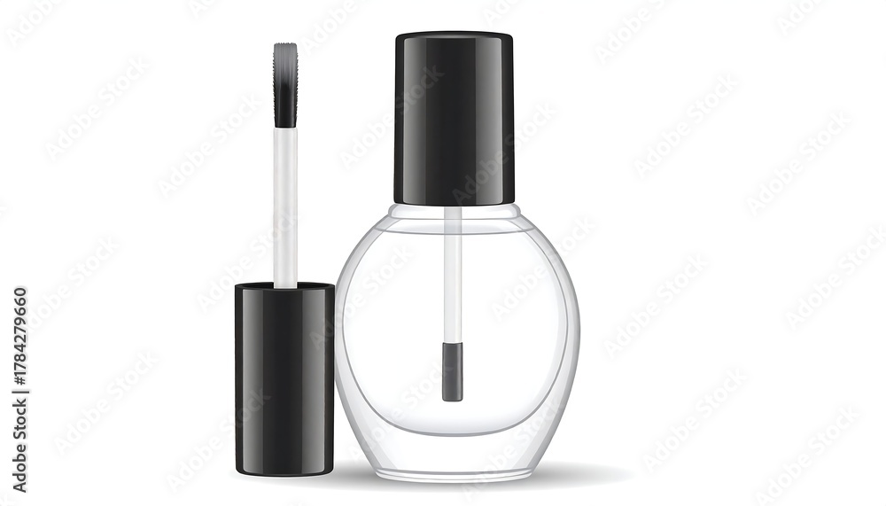 Obraz premium A clear nail polish bottle with a black cap and applicator brush, set against a solid white backdrop