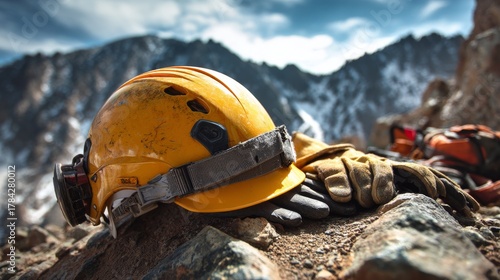 A weathered yellow safety helmet, gloves, and gear rest on rocks with a blurred mountain backdrop, hinting at a rugged outdoor activity
