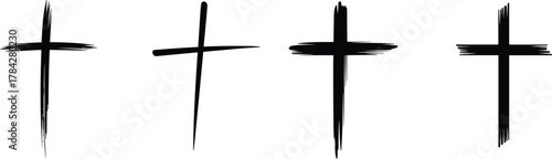 Stylized black cross silhouettes with brushstroke textures for religious, spiritual, artistic, and symbolic illustration and design use