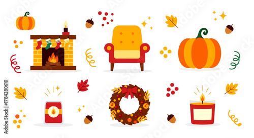 Cozy Thanksgiving Home Flat Icon Set — Fireplace, Pumpkin Decor, and Autumn Wreath