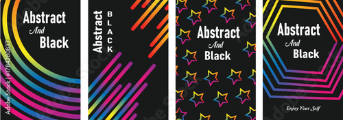 Abstract Gradient Line Patterns on Black Background. Vector Circle Shape Color Geometric Graphics. Rainbow Dynamic Waves