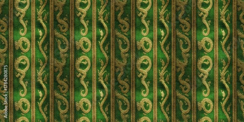 Ornate emerald and gold ornamental pattern with intricate traditional stylized botanical motifs, creating a luxurious and vibrant decorative background texture