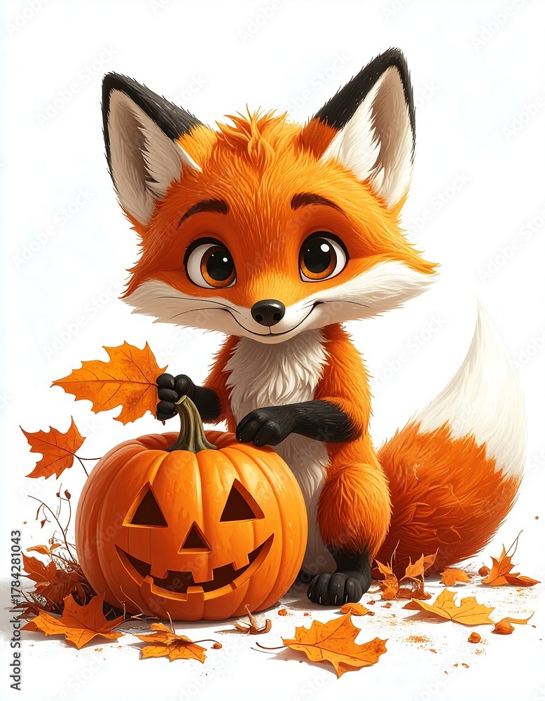Obraz premium Fox Holding Autumn Leaf Near Carved Pumpkin for Halloween