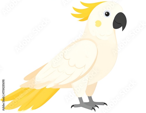 A cartoon illustration of a white parrot with a distinctive yellow crest, beak, and tail. The bird is depicted in profile