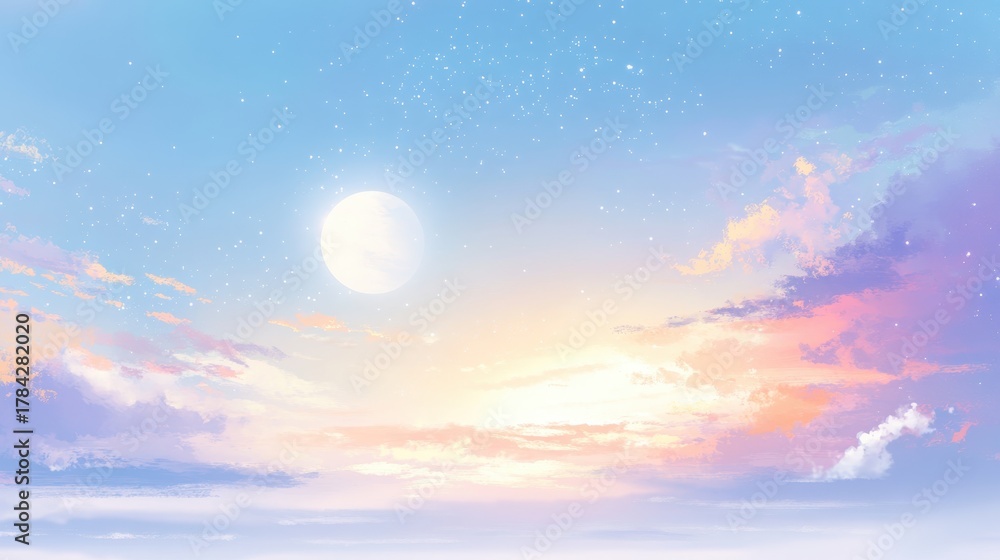 Obraz premium Dreamy pastel sky with glowing moon and scattered stars evokes serene twilight beauty and peaceful ambiance for creative projects
