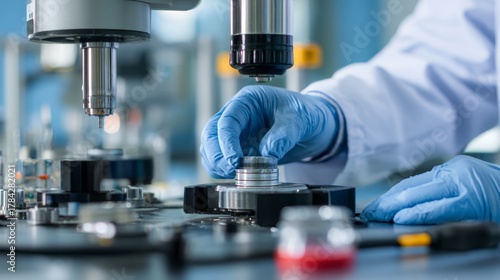 A scientist in a lab coat and gloves meticulously works on a precision machine, likely for testing or research purposes