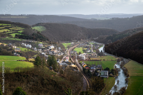 Aerial view shows Bourscheid village nestled in Luxembourg’s northern hills.