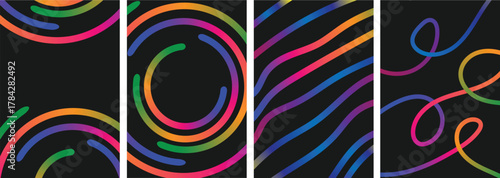 Abstract Gradient Line Patterns on Black Background. Vector Circle Shape Color Geometric Graphics