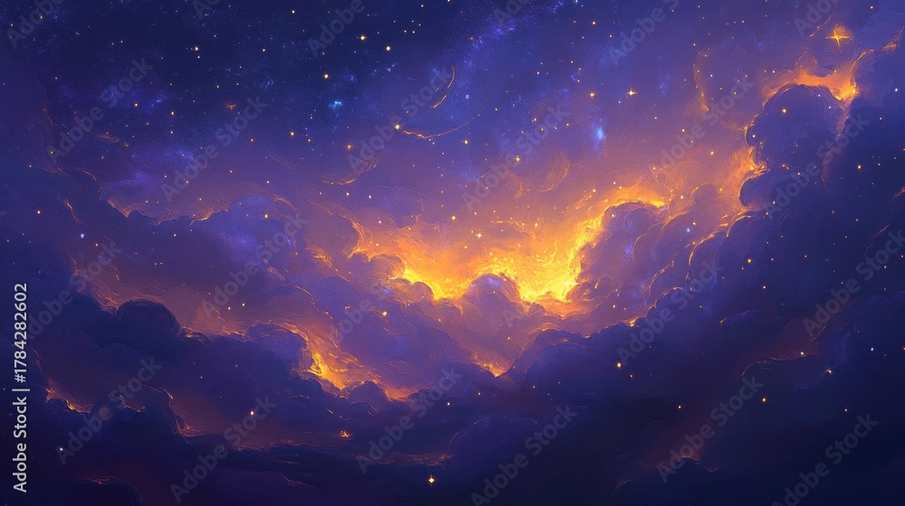 Naklejka premium Stunning cosmic sky with glowing clouds and sparkling stars creates a vibrant, dreamy atmosphere perfect for adding magic to your project