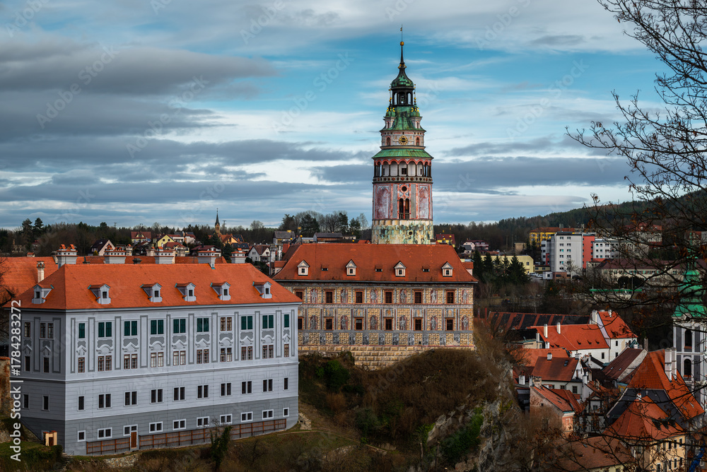 Fototapeta premium A close-up view shows beautiful details of Cesky Krumlov Castle in Czechia.