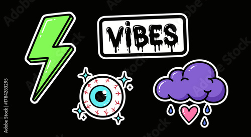 Trendy Cartoon Stickers on Black Background